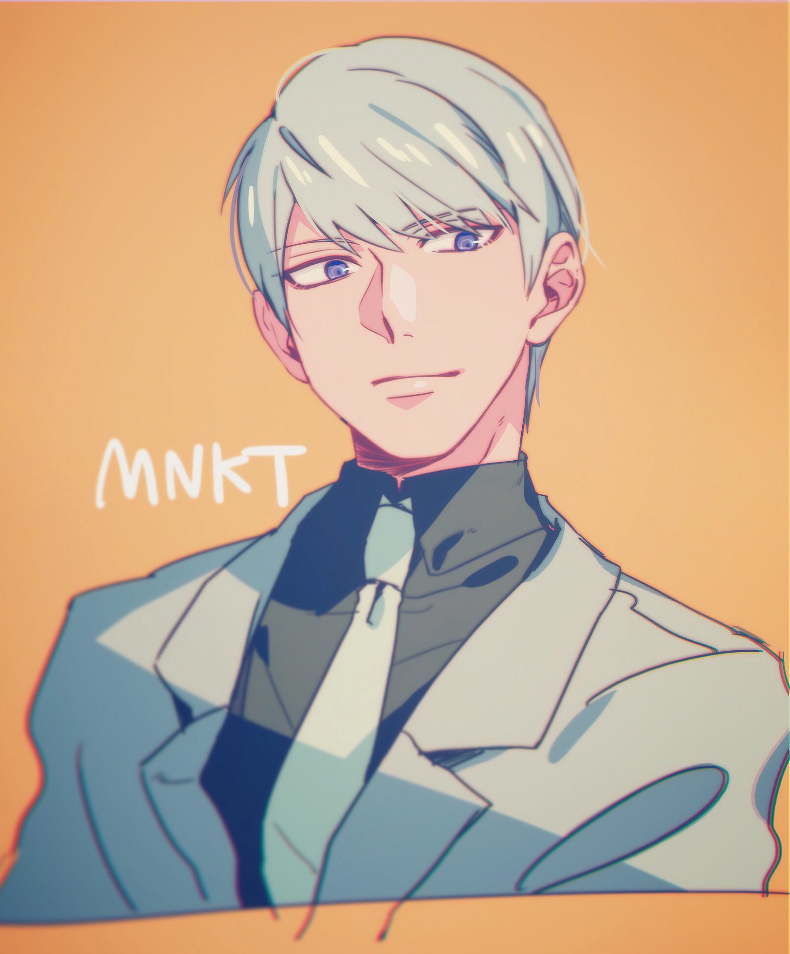 1boy, bangs, chromatic_aberration, close-up, dangan_ronpa, dangan_ronpa_3, formal, highres, kakio_romio, lavender_eyes, looking_at_viewer, male_focus, munakata_kyousuke, necktie, orange_background, short_hair, silver_hair, simple_background, smile, solo, suit, swept_bangs, white_necktie, white_suit