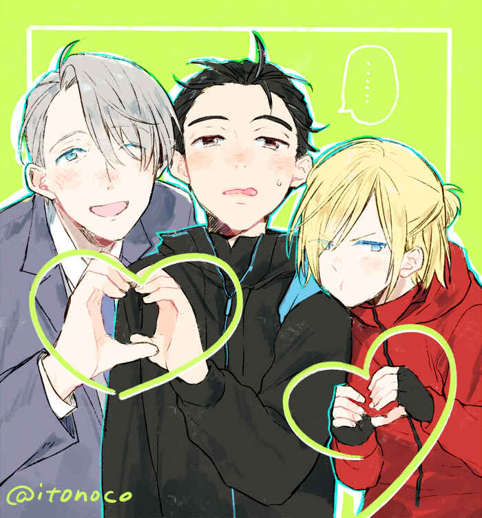 >:t, ..., 3boys, :t, ;d, black_gloves, black_hair, blonde_hair