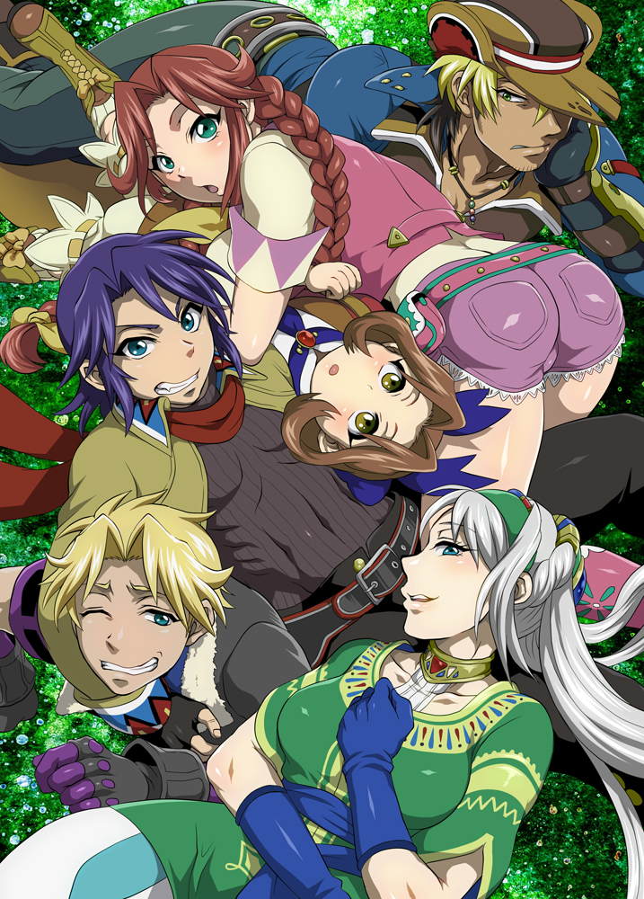 3boys, 3girls, ass, avril_vent_fleur, blue_gloves, blue_hair, boots, breasts
