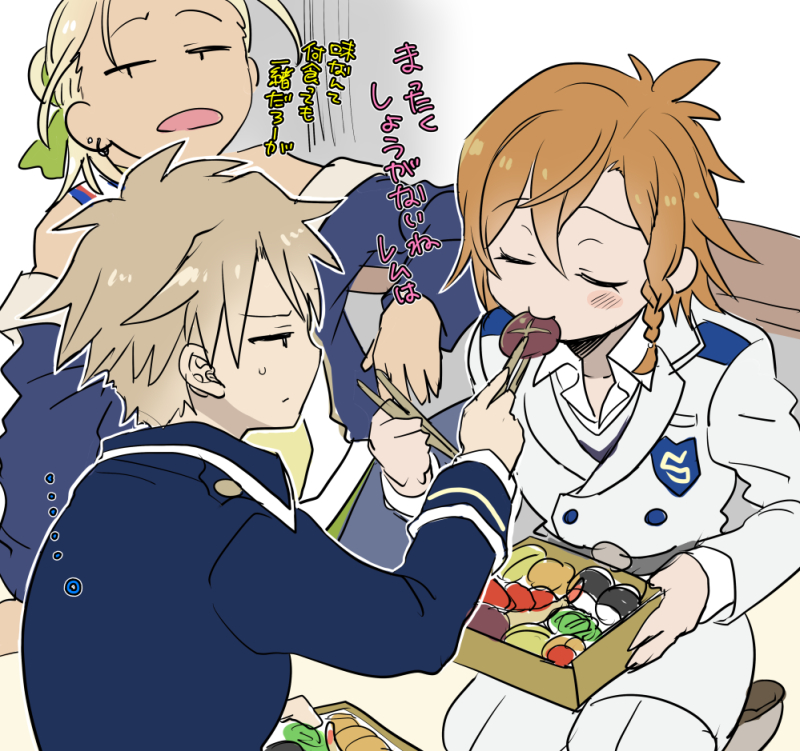 ..., 3boys, blonde_hair, blush, braid, brown_hair, chopsticks, closed_eyes