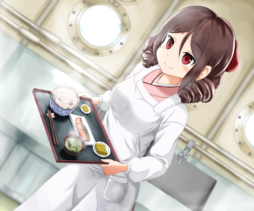 1girl, bow, brown_hair, chopsticks, drill_hair, dutch_angle, fish, hair_bow