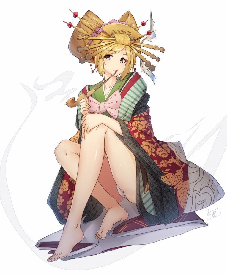 1girl, bare_legs, barefoot, blonde_hair, butterfly_print, comb, djeeta_(granblue_fantasy), eyeshadow