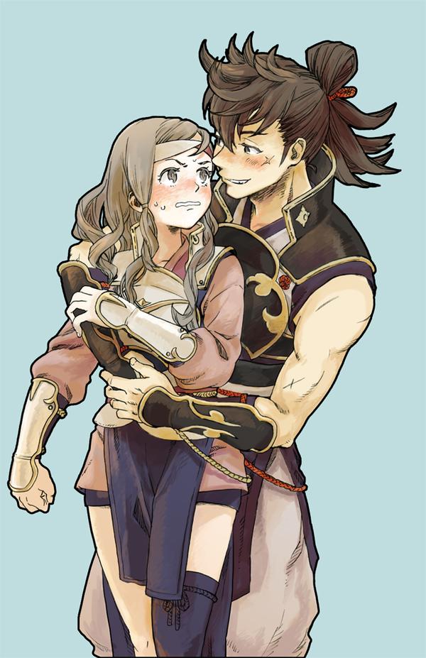 1boy, 1girl, armor, blush, brown_eyes, brown_hair, couple, fire_emblem