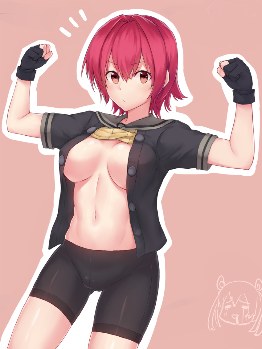 =_=, abs, abukuma_(kantai_collection), bike_shorts, blush, breast_envy, breasts, cleavage