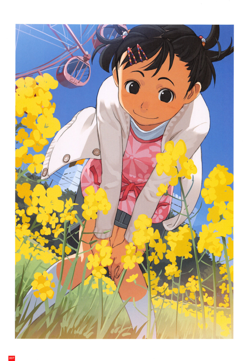1girl, bent_over, black_eyes, black_hair, ferris_wheel, field, flower, flower_field, hair_ornament, hairclip, hands_on_own_knees, highres, original, rapeseed_blossoms, short_hair, short_twintails, smile, solo, takamichi, twintails