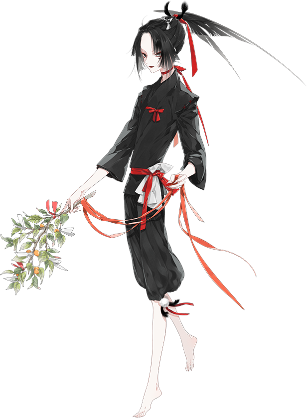 1boy, androgynous, barefoot, black_hair, branch, brown_eyes, feathers, hair_feathers