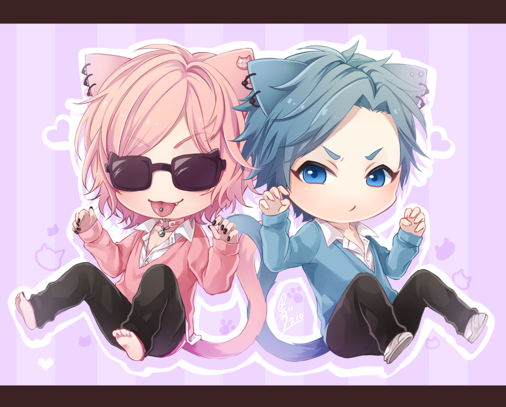 2boys, :3, :p, animal_ears, ayato_yuri, barefoot, bell, bell_choker, black_nails, blue_eyes, blue_hair, cat_ears, cat_tail, chibi, choker, earrings, fang, feet, jewelry, male_focus, multiple_boys, murashige-lu, nail_polish, paw_pose, piercing, pink_hair, sunglasses, tail, tamura_(yarichin_bitch-bu), tongue, tongue_out, tongue_piercing, yarichin_bitch-bu