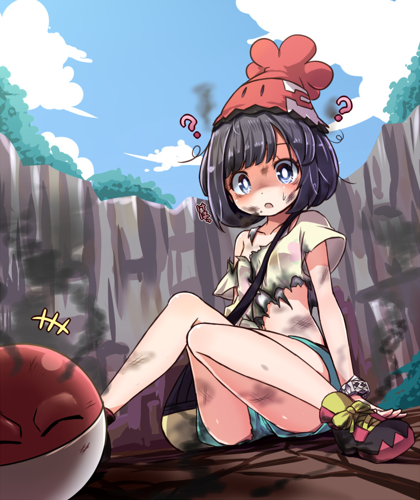 1girl, :o, ?, ^_^, bag, beanie, black_hair, blue_eyes
