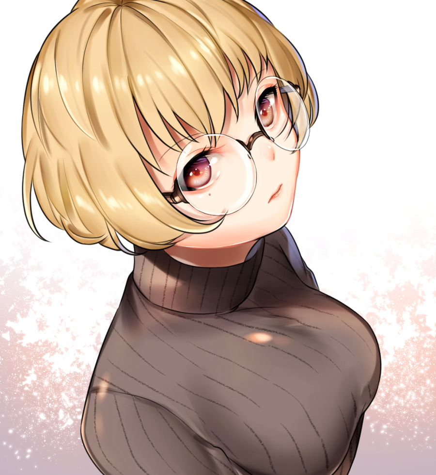 1girl, bangs, black_sweater, blonde_hair, bob_cut, breasts, closed_mouth, eyelashes
