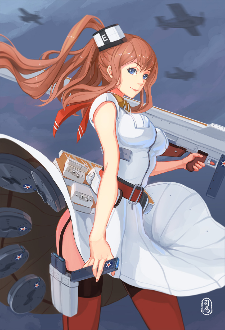 1girl, aircraft, airplane, ascot, blue_eyes, box_magazine, breast_pocket, breasts