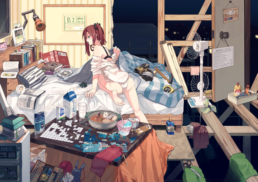 1girl, alcohol, barefoot, bed, bedroom, blanket, book, book_stack