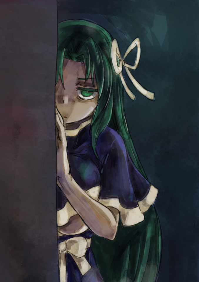 1girl, breasts, capelet, commentary_request, green_eyes, green_hair, hair_intakes, hair_ribbon