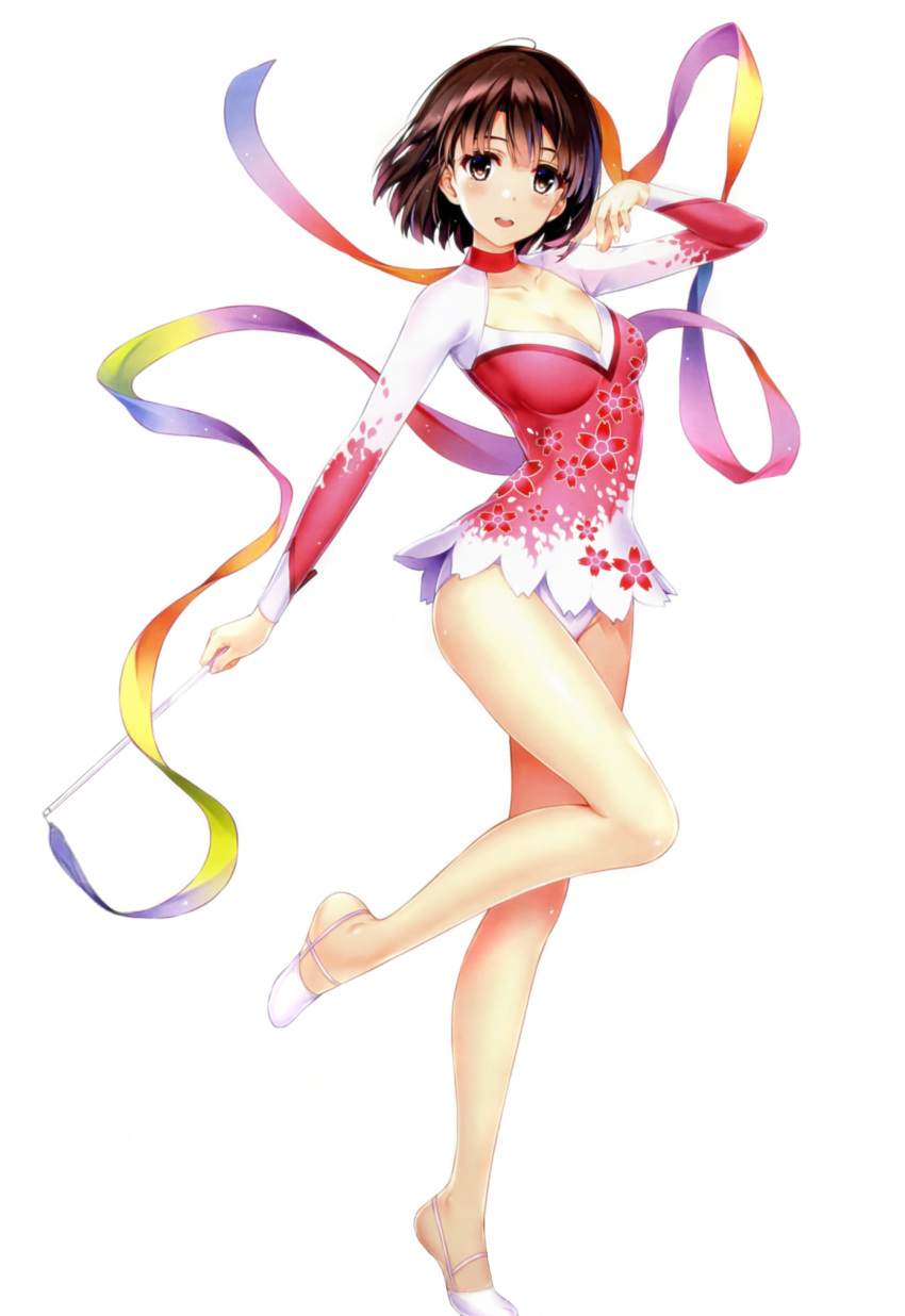 1girl, :d, bare_legs, breasts, brown_eyes, brown_hair, cleavage, collarbone, feet, gymnast_leotard, gymnastics, gymnastics_ribbon, highres, katou_megumi, leotard, looking_at_viewer, medium_breasts, misaki_kurehito, official_art, open_mouth, saenai_heroine_no_sodatekata, scan, short_hair, simple_background, smile, solo, standing, standing_on_one_leg, tagme, white_background