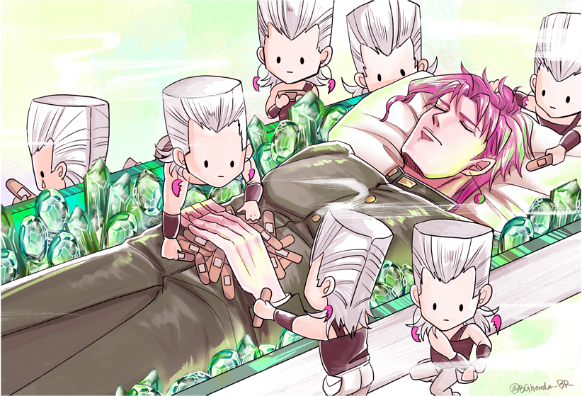 6+boys, bandaid, bg_honda, chibi, closed_eyes, corpse, crystal, earrings, gakuran, grave, jean_pierre_polnareff, jewelry, jojo_no_kimyou_na_bouken, kakyouin_noriaki, male_focus, multiple_boys, pillow, pink_hair, pouch, school_uniform, silver_hair, tears, twitter_username