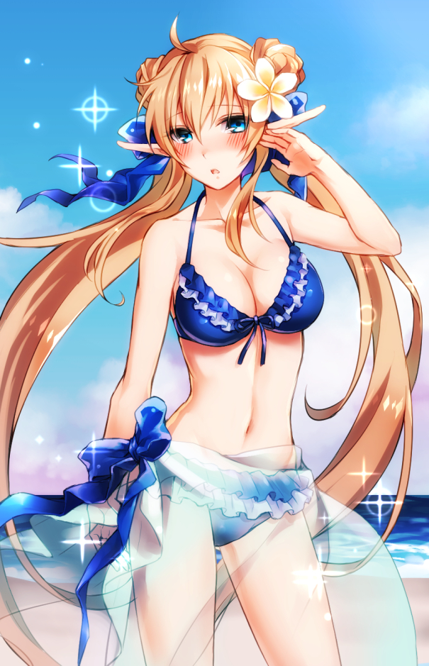 1girl, ahoge, asada_ryou, bare_arms, bare_shoulders, beach, bikini, blonde_hair, blue_bikini, blue_eyes, blush, breasts, cardfight!!_vanguard, cleavage, collarbone, cowboy_shot, double_bun, elf, flower, frilled_bikini, frills, hair_flower, hair_ornament, leading_jewel_knight_salome, long_hair, looking_at_viewer, low_twintails, medium_breasts, navel, parted_lips, pointy_ears, sarong, solo, stomach, swimsuit, twintails