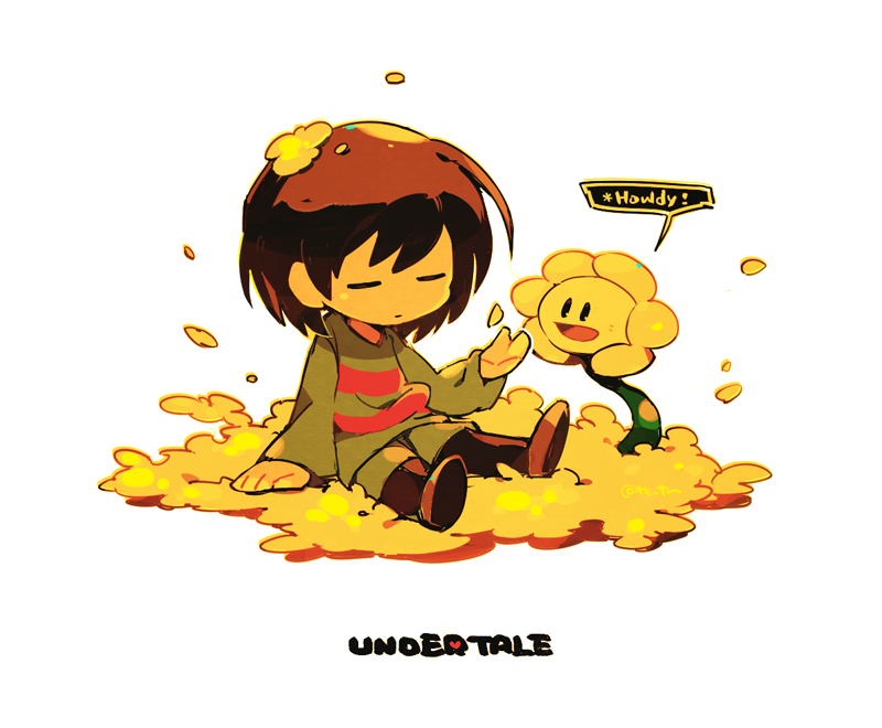 =_=, androgynous, arm_up, brown_hair, closed_eyes, copyright_name, english, flower, flowey_(undertale), frisk_(undertale), looking_at_another, looking_down, shirt, short_hair, simple_background, sitting, striped, striped_shirt, tetori, undertale, white_background