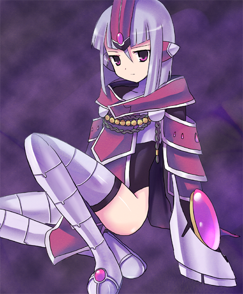 1girl, armor, bad_id, boots, ebi_shamo, grey_hair, grey_legwear, incarose