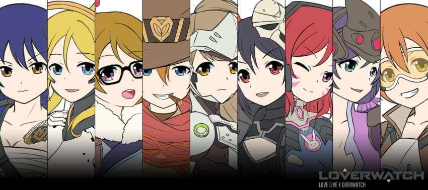 6+girls, aqua_eyes, armor, ayase_eli, black_hair, blonde_hair, blue_eyes, blue_hair