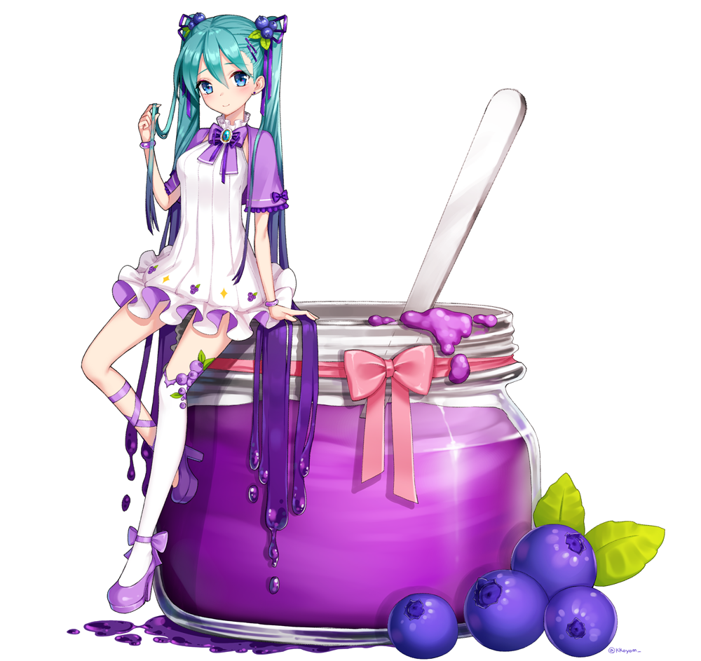 1girl, ango, asymmetrical_legwear, blue_eyes, blue_hair, blueberry, blueberry_hair_ornament, bow