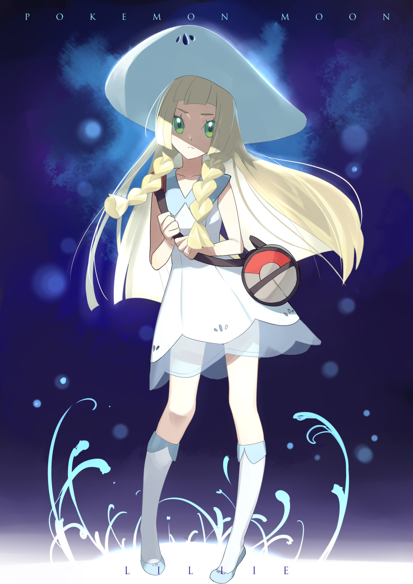 1girl, absurdres, bag, blonde_hair, braid, collarbone, dress, green_eyes, hat, highres, kushabiria, lillie_(pokemon), long_hair, pokemon, pokemon_(game), pokemon_sm, see-through, sun_hat