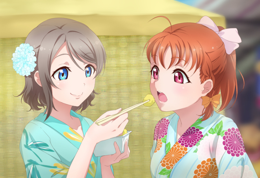 2girls, ahoge, alternate_hairstyle, animal_print, blue_eyes, braid, brown_hair, chopsticks, dragonfly, dragonfly_print, eating, feeding, floral_print, flower, hair_flower, hair_ornament, hair_ribbon, highres, inami_anju, insect, japanese_clothes, kimono, love_live!, love_live!_sunshine!!, multiple_girls, orange_hair, ponytail, potato, red_eyes, ribbon, saitou_shuka, seiyuu_connection, short_hair, surfing_orange, takami_chika, watanabe_you, yukata