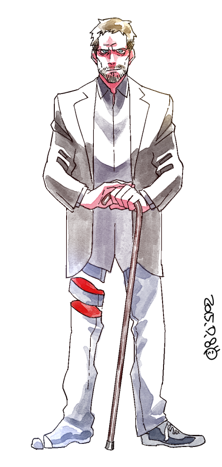 1boy, beard, cane, facial_hair, gregory_house, house_m.d., looking_at_viewer, male_focus, neko_meshi_ya, smile, standing