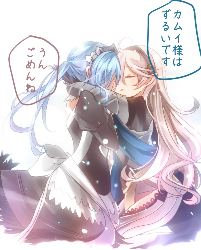 2girls, apron, armor, blue_hair, cape, closed_eyes, covering_face, female_my_unit_(fire_emblem_if)
