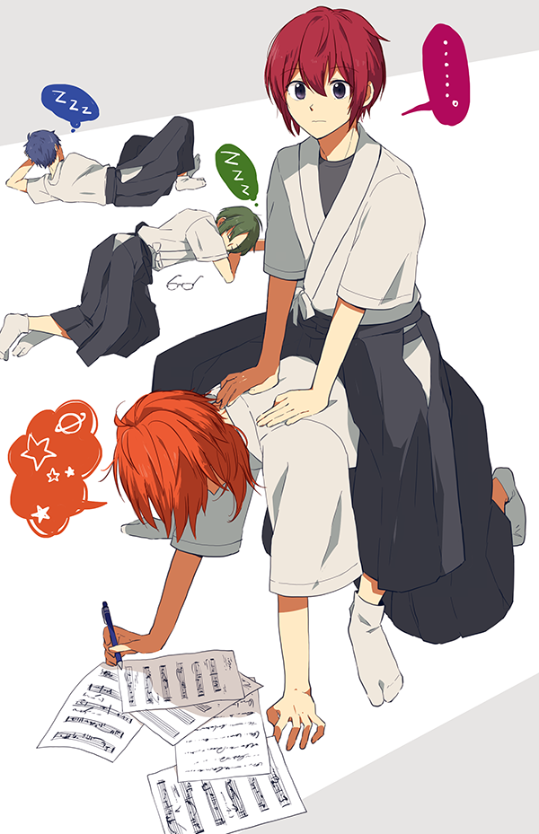 ..., 4boys, arm_support, blue_hair, ensemble_stars!, fushimi_yuzuru, glasses, glasses_removed
