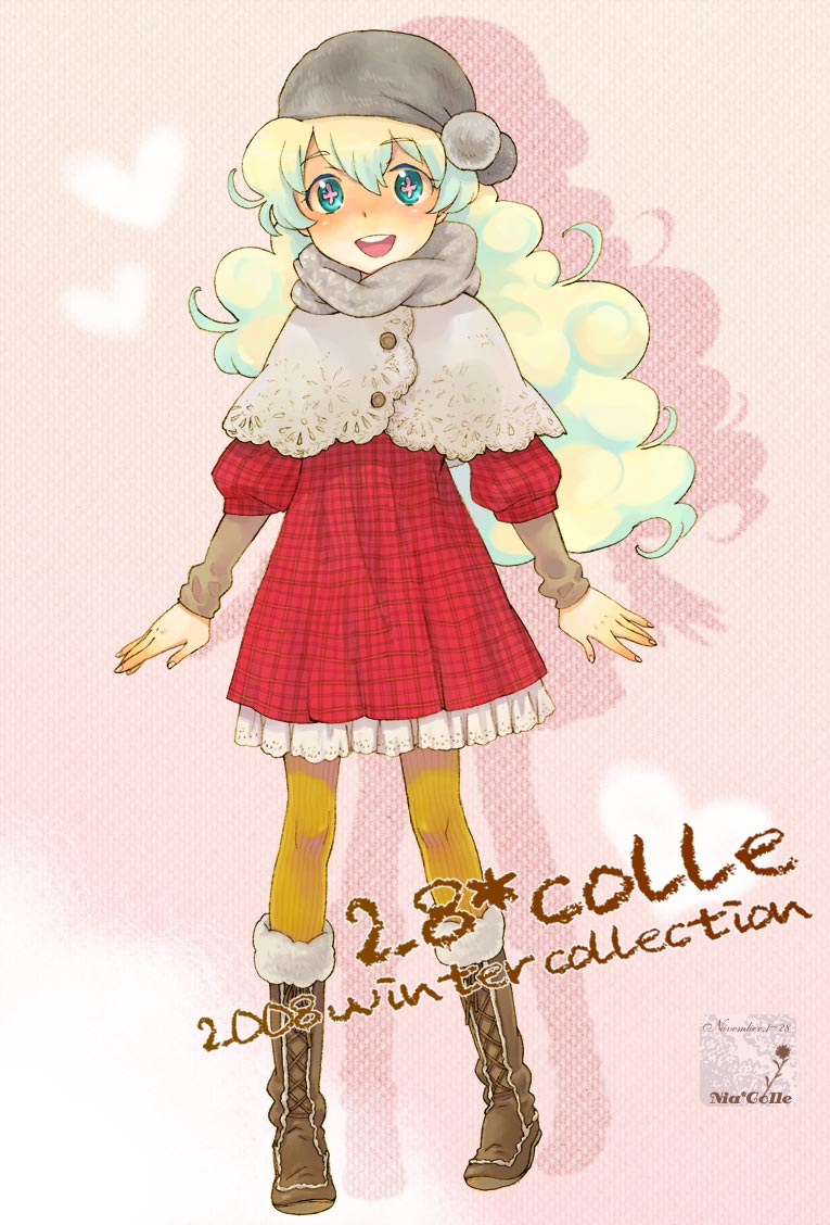 2008, beanie, boots, curly_hair, hat, long_hair, muffler, multicolored_hair