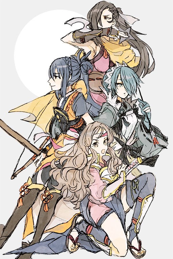 4girls, armor, armpits, arrow, black_hair, blue_eyes, blue_hair, bow_(weapon)