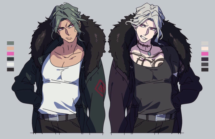 2boys, belt, clenched_teeth, coat, color_guide, contrapposto, cropped_torso, dangan_ronpa