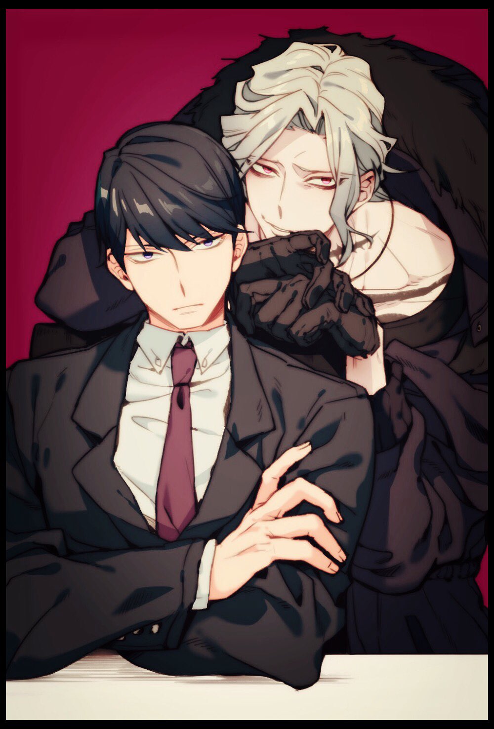 2boys, alternate_hair_color, bangs, black_border, black_gloves, border, crossed_arms, dangan_ronpa