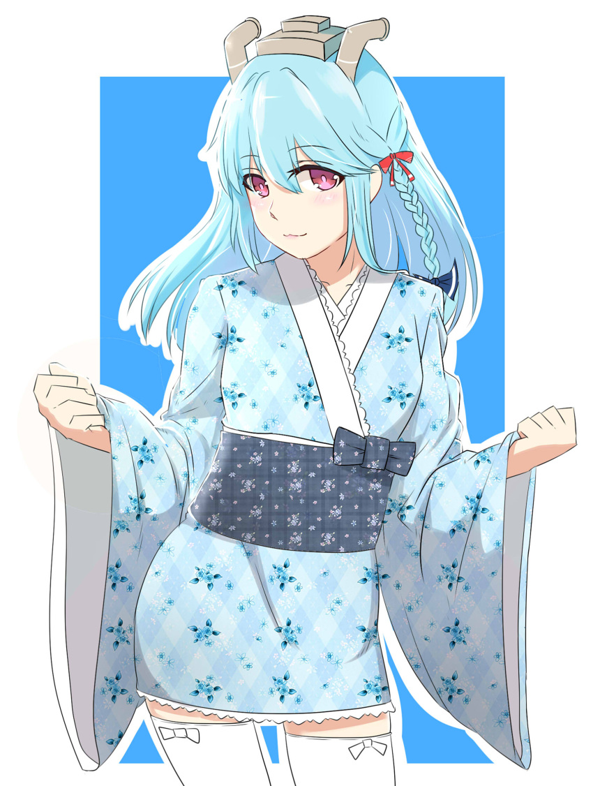 1girl, :3, blue_hair, bow, bow_legwear, braid, contrapposto, cowboy_shot