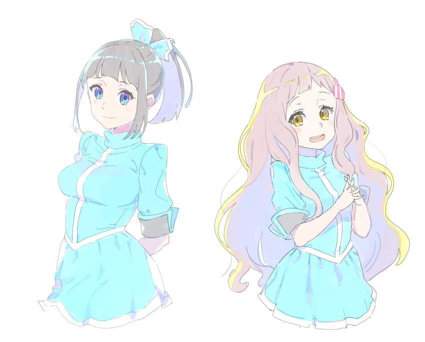 2girls, :d, arms_behind_back, bangs, black_hair, blue_eyes, blunt_bangs, breasts