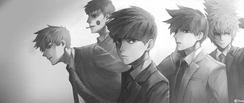 5boys, arm_behind_back, arms_at_sides, artist_name, bangs, blunt_bangs, blush_stickers, bowl_cut