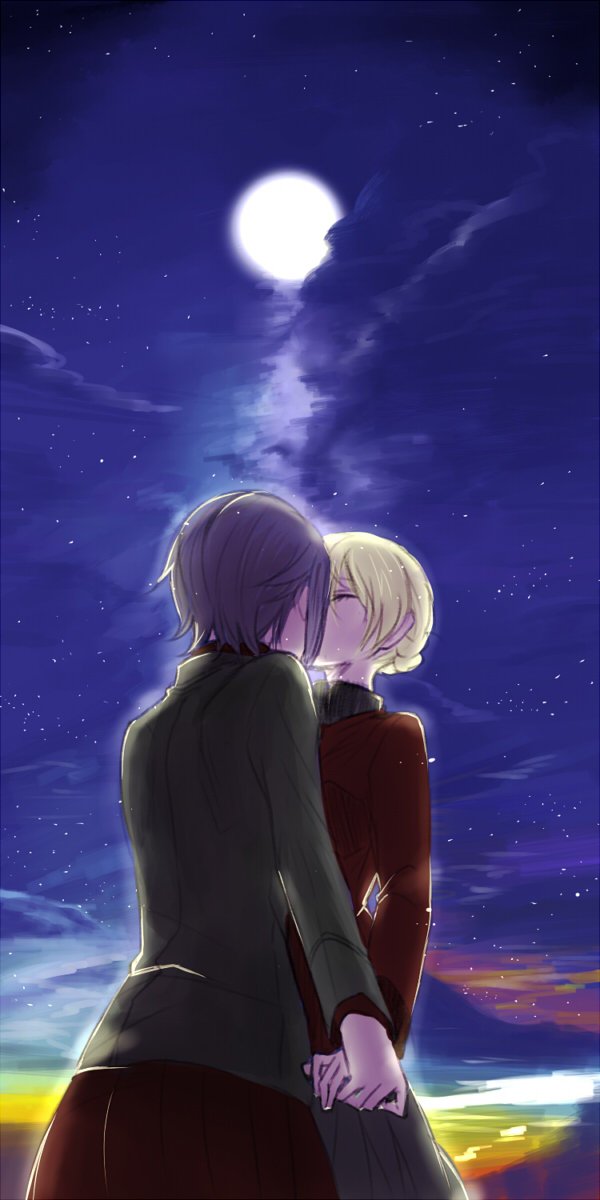 2girls, blonde_hair, closed_eyes, clouds, darjeeling, from_behind, from_below, full_moon, girls_und_panzer, hand_holding, highres, kiss, moon, multiple_girls, nishizumi_maho, nishizumi_miho, sacchan, short_hair, sky, star_(sky), yuri
