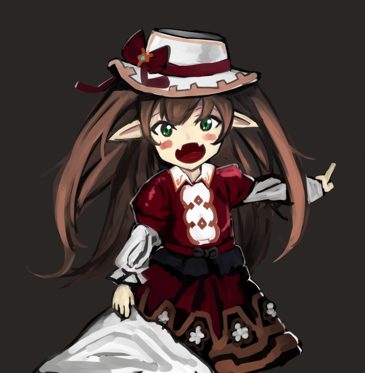 1girl, :d, bangs, black_background, black_bow, blush, bow, brown_hair, collared_dress, dress, drusilla, fangs, granblue_fantasy, green_eyes, hair_between_eyes, harbin, hat, hat_bow, index_finger_raised, long_hair, long_sleeves, looking_at_viewer, mash_donburi, open_mouth, pointing, pointy_ears, puffy_long_sleeves, puffy_sleeves, red_bow, red_dress, shirt_tug, simple_background, smile, solo_focus, twintails, white_hat