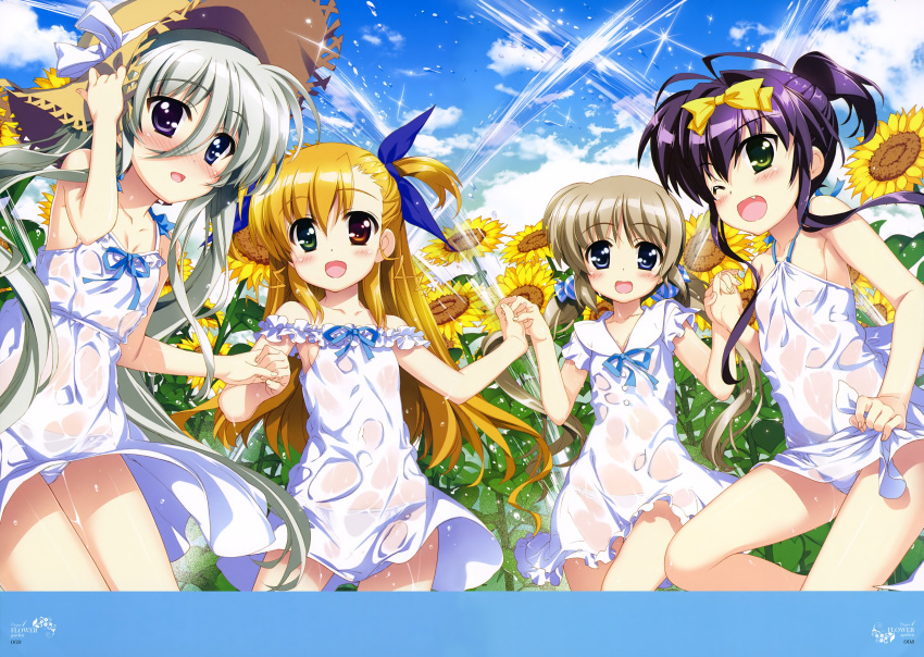 4girls, :d, ;d, absurdres, antenna_hair, armpits, blonde_hair, blue_eyes