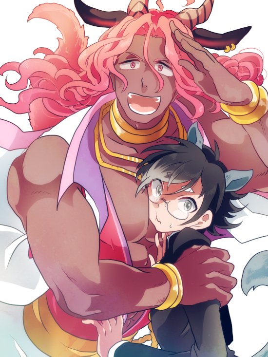 2boys, abs, animal_ears, argon_(show_by_rock!!), black_hair, chains, dark_skin, dark_skinned_male