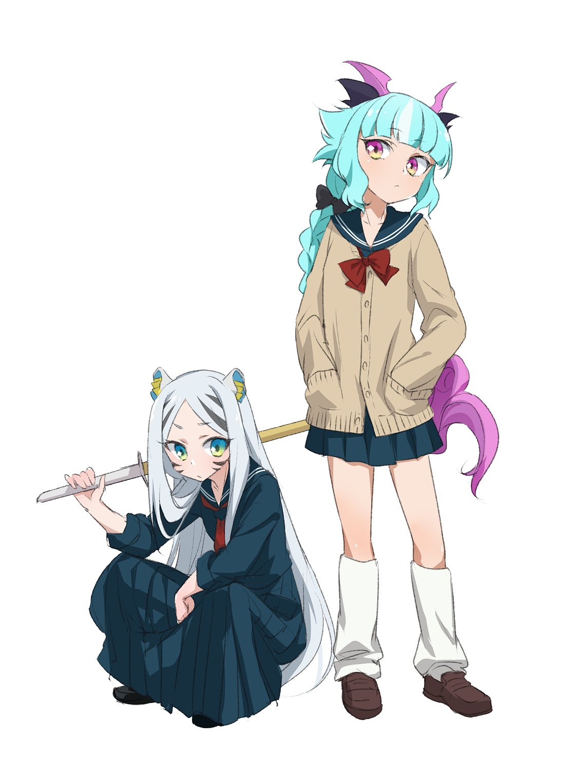 2girls, android, animal_ears, bangs, blue_eyes, blunt_bangs, bokken, braid, cardigan, dress, female, full_body, green_hair, handorekko, hands_in_pockets, highres, kyuuri_(miyako), loafers, long_hair, long_skirt, looking_to_the_side, loose_socks, multiple_girls, over_shoulder, peipein, pink_eyes, pleated_skirt, school_uniform, serafuku, shoes, show_by_rock!!, silver_hair, simple_background, skirt, socks, squatting, sukeban, sword, tail, tiger_ears, uniform, very_long_hair, weapon, weapon_over_shoulder, white_background, wooden_sword