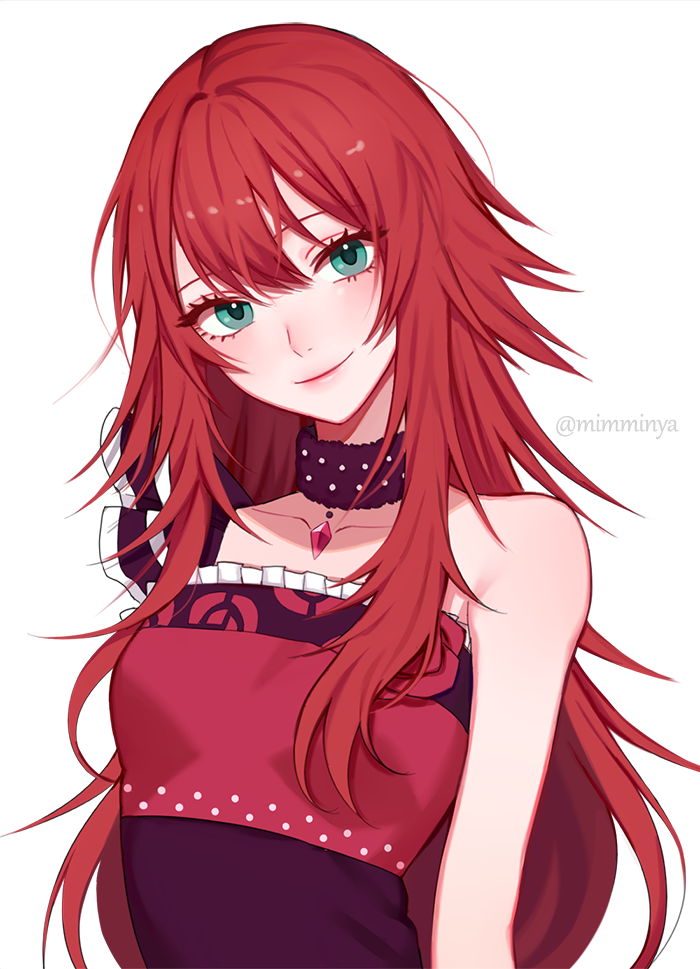1girl, blue_eyes, choker, head_tilt, jewelry, light_blush, long_hair, looking_at_viewer