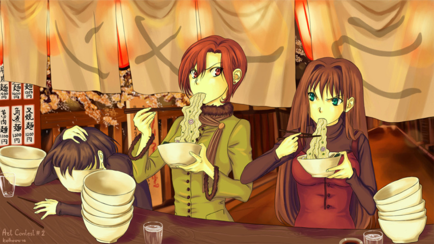 3girls, aozaki_aoko, aozaki_touko, bangs, black_hair, blue_eyes, bowl, breasts
