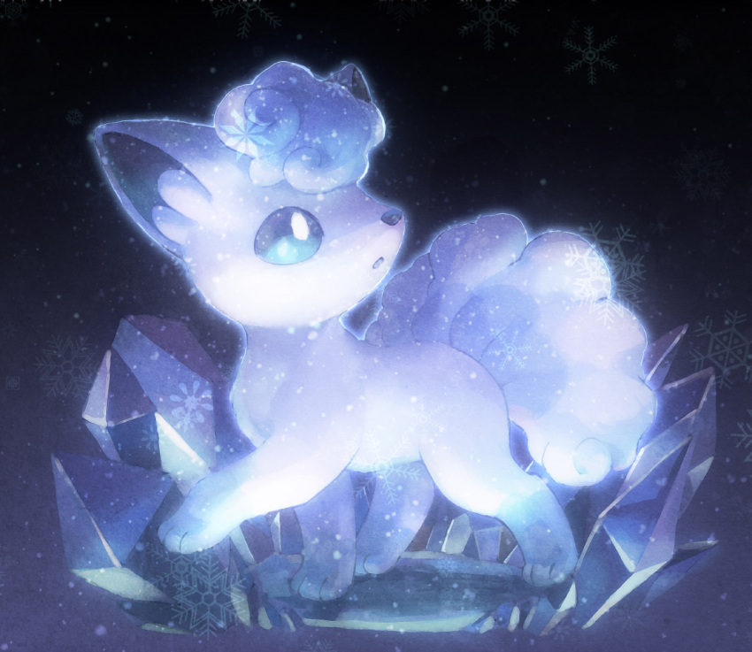 alolan_vulpix, blue, blue_eyes, crystal, full_body, gradient, gradient_background, looking_back