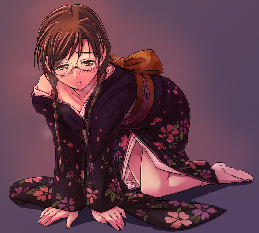 braid, braids, brown_hair, clala, e20, glasses, japanese_clothes, kimono