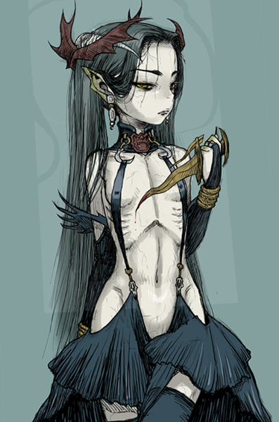 dungeons_and_dragons, green_eyes, knife, red_eyes, ribs, skinny, thigh-highs, thighhighs, veins, wamusato_haru