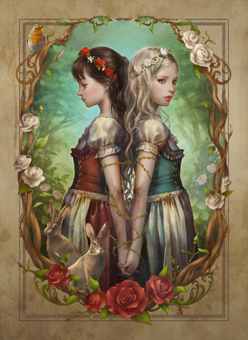 2girls, animal, apron, arm_at_side, back-to-back, bangs, bird, black_hair, blue_eyes, blush, border, bud, closed_mouth, cowboy_shot, dirndl, eyelashes, flat_chest, flower, forest, frills, german_clothes, grimm's_fairy_tales, half_updo, hand_holding, head_wreath, highres, interlocked_fingers, lips, long_hair, looking_at_viewer, multiple_girls, nature, pale_skin, profile, puffy_short_sleeves, puffy_sleeves, rabbit, red_lips, red_rose, rose, rose-red_(grimm), rose_bush, sae_(revirth), short_sleeves, siblings, silver_hair, sisters, snow-white_(grimm), snow-white_and_rose-red, thorns, tree, waist_apron, white_apron, white_rose