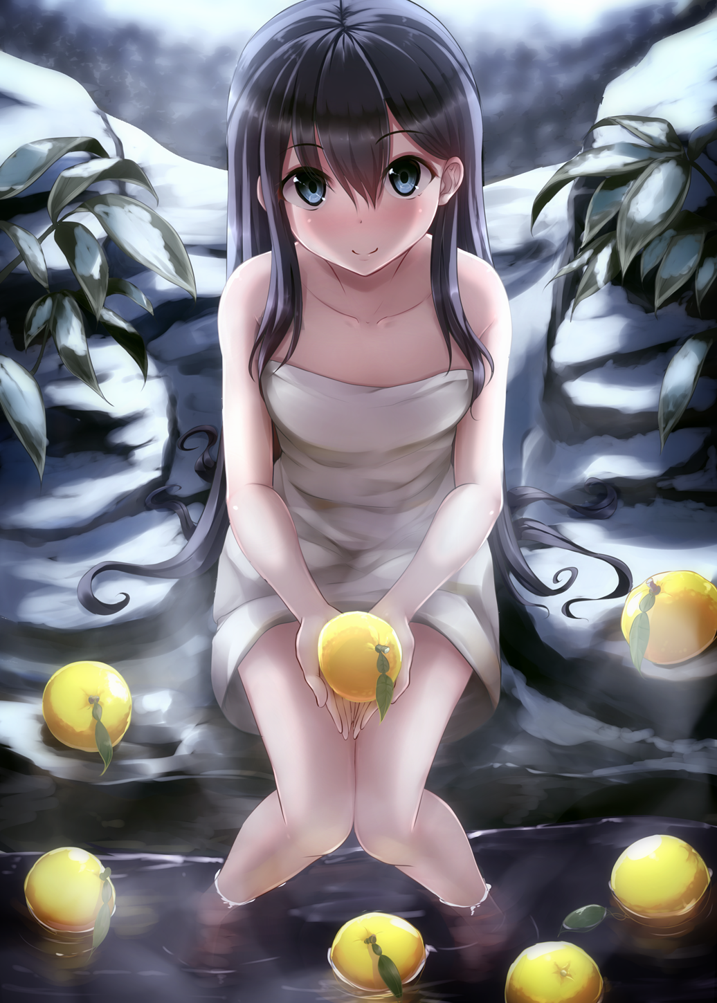1girl, afloat, bangs, bare_shoulders, black_hair, blue_eyes, blush, collarbone, cupping_hands, food, fruit, hair_between_eyes, hands_on_lap, highres, holding, holding_fruit, knees_together_feet_apart, long_hair, looking_at_viewer, naked_towel, nicoby, on_ground, onsen, original, plant, smile, snow, soaking_feet, solo, towel, very_long_hair, water, yuzu, yuzu_bath