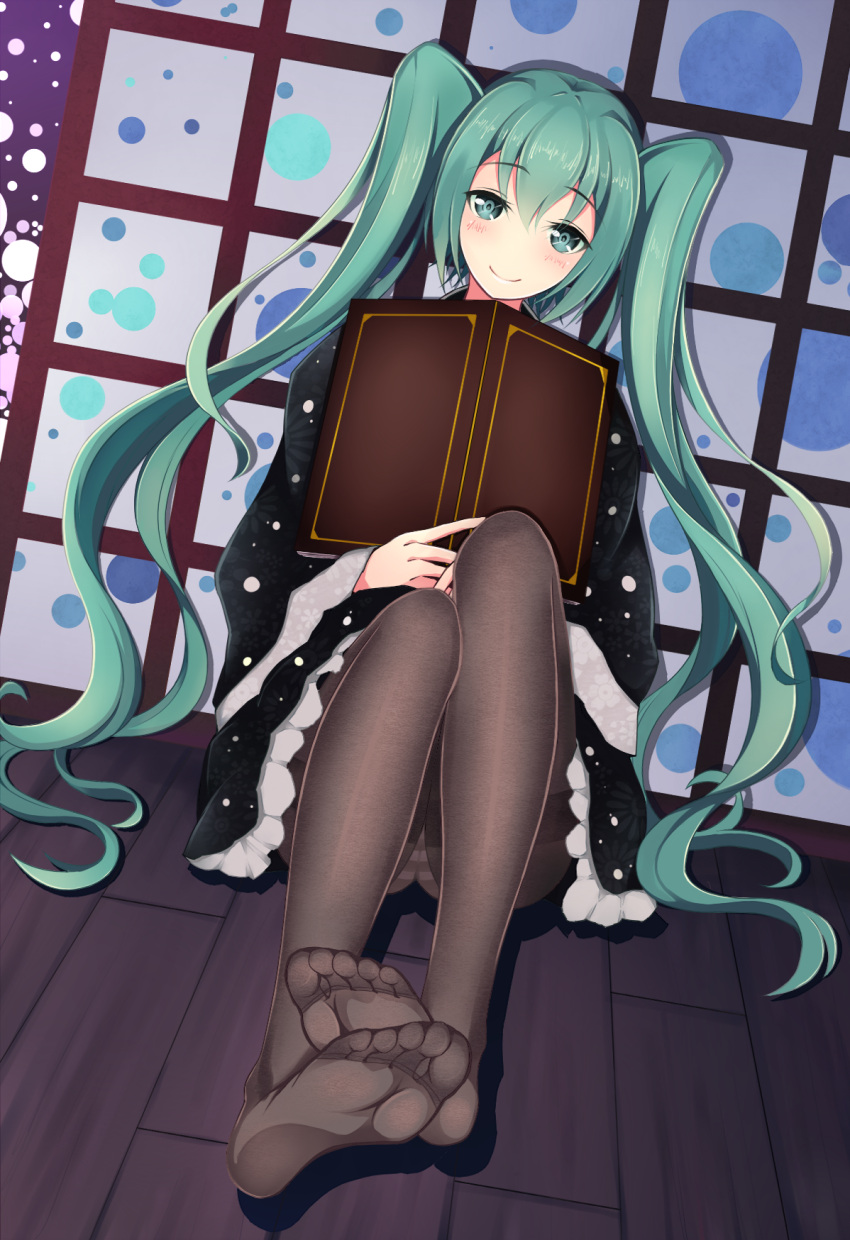1girl, book, dutch_angle, feet, feet_together, green_eyes, green_hair, hatsune_miku