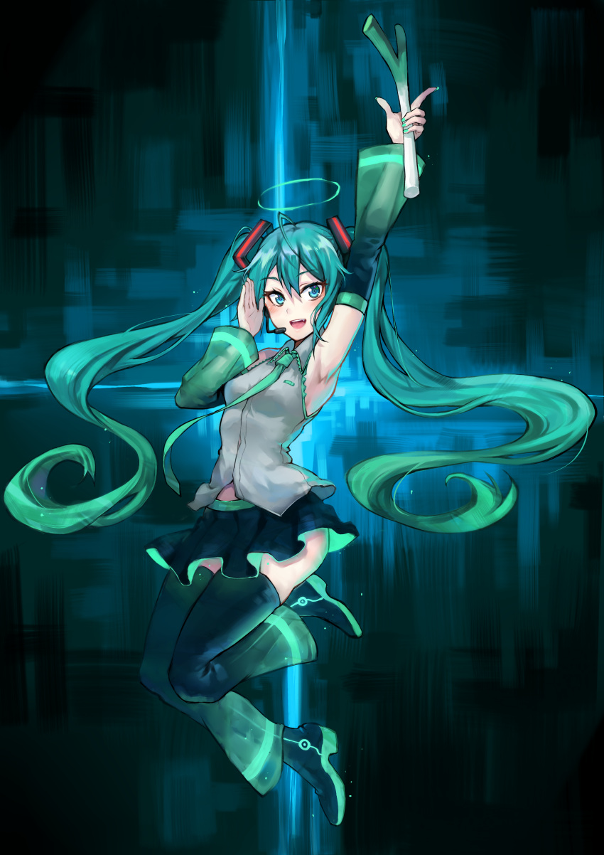1girl, absurdres, ahoge, aqua_eyes, aqua_hair, arm_up, armpits, black_box
