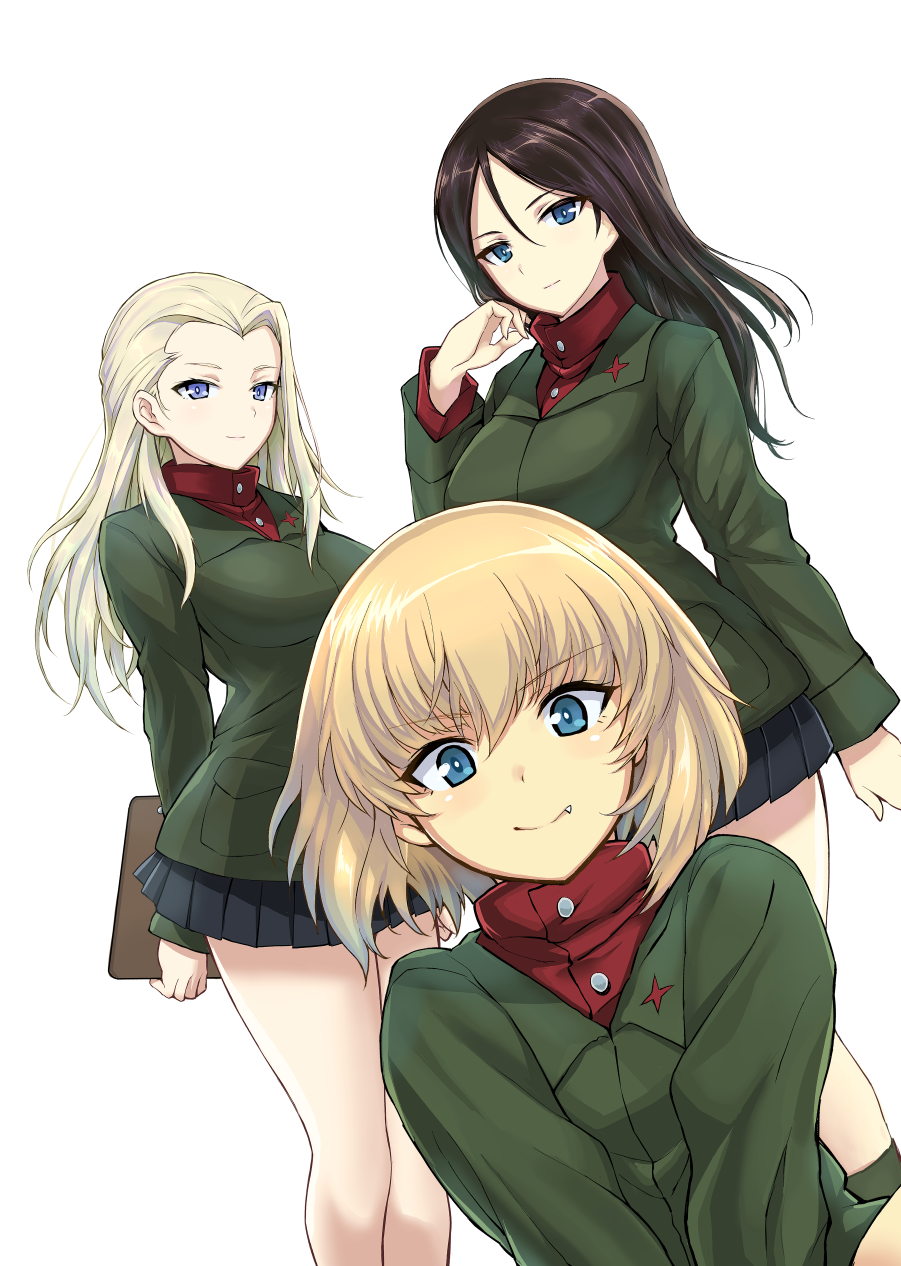 3girls, bangs, black_hair, blonde_hair, blue_eyes, breasts, clara_(girls_und_panzer), fang_out